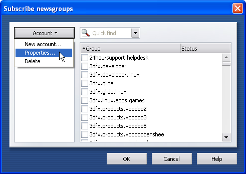 Subscribe Newsgroups - Account - Properties